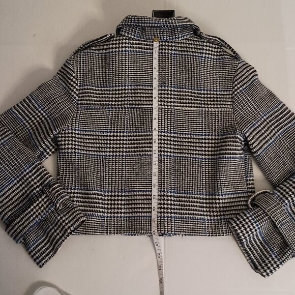 Me Jane Black White Blue Plaid Cropped Jacket Pockets Size Medium NWT - Picture 13 of 16